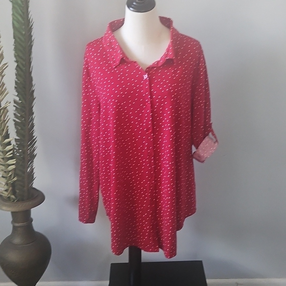 LuLaRoe Valentina Red and White Polka Dot Long Sleeve Button Down